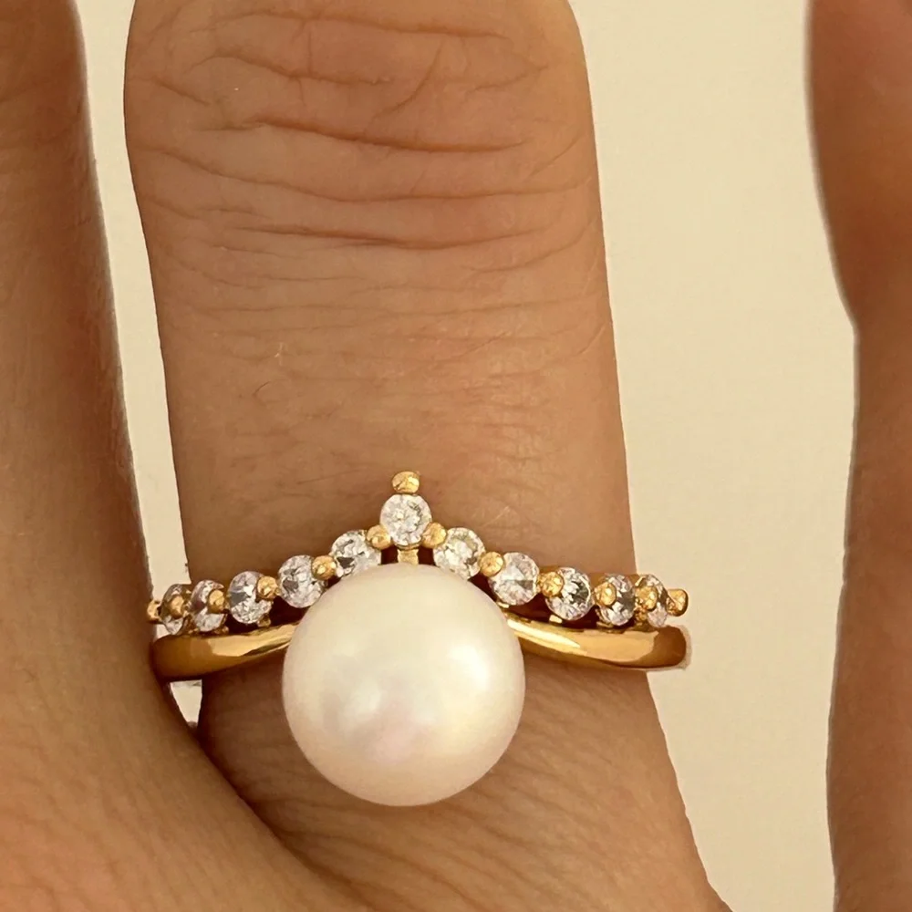 8mm White Freshwater Pearl Gold Plated Adjustable Ring